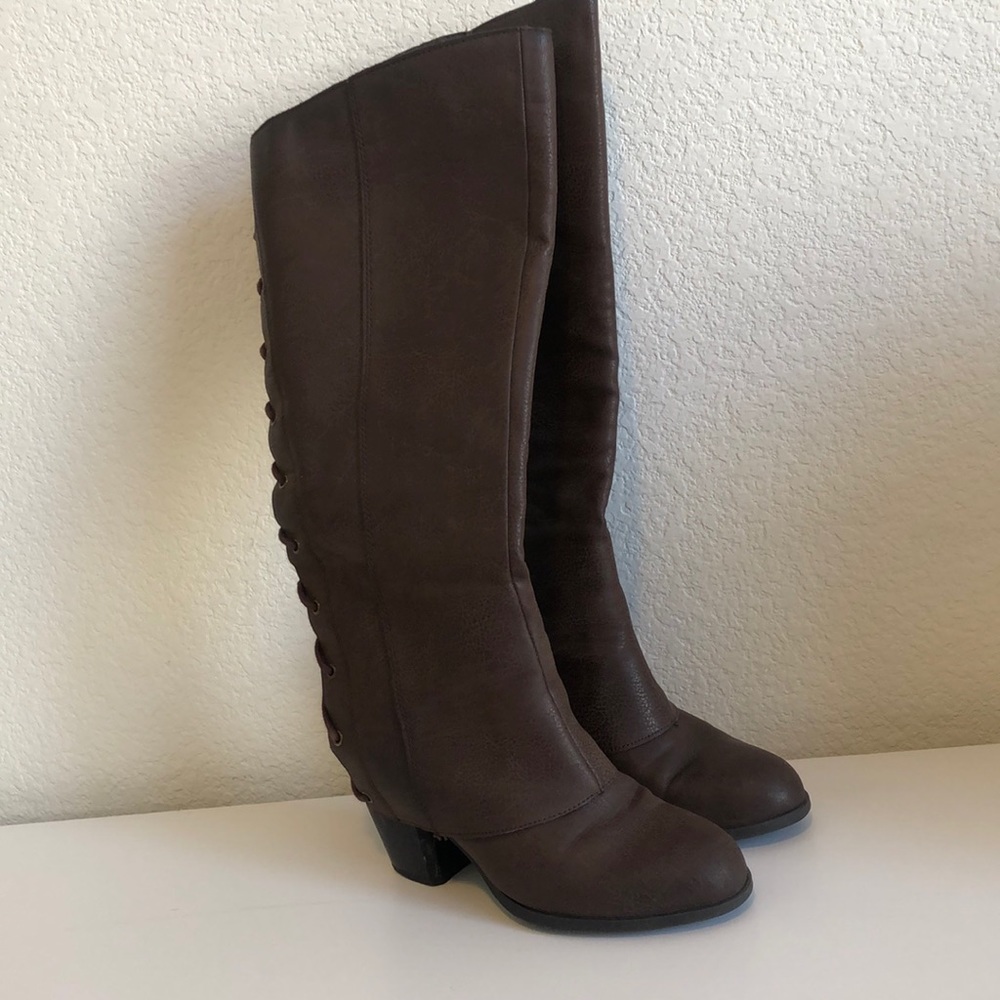 Brown faux leather tall boots